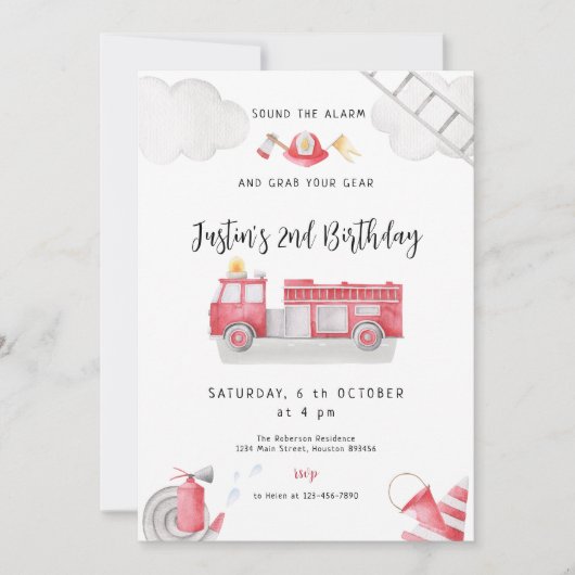 消防車が全ユニットを呼び出す誕生日ボーイ 招待状 (正面)