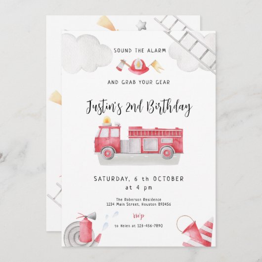 消防車が全ユニットを呼び出す誕生日ボーイ 招待状 (正面/裏面)