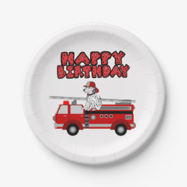 消防車とダルマチアンドッグハッピーバースデー ペーパープレート