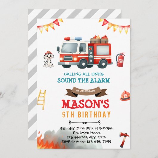 消防車とダルメシアン犬の招待状 招待状 (正面/裏面)