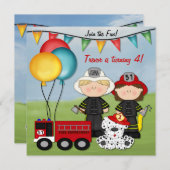 消防車とリトル消防士誕生日 招待状 (正面/裏面)