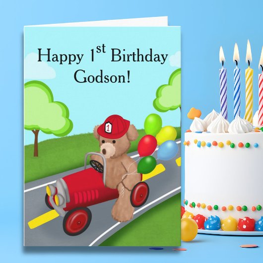 消防車に乗ったテディベア 誕生日おめでとう カード