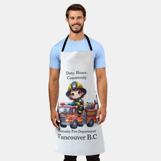 消防車に乗って元気鮮やかな消防士 エプロン (着用した状態)