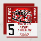 消防車のエンジン消防士の誕生日招待状 招待状 (正面/裏面)