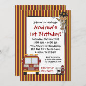 消防車のサル ストライプの誕生日招待状 招待状 (正面/裏面)