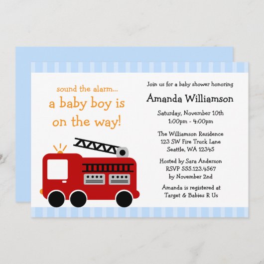 消防車のストライプベビーシャワー招待状 招待状 (正面/裏面)