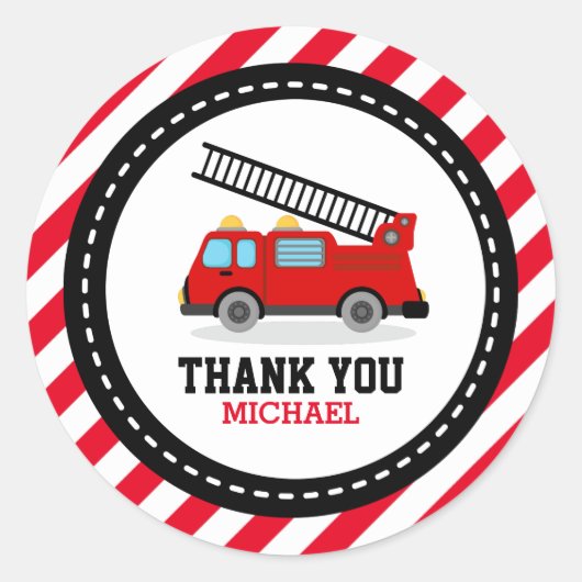 消防車のトラックパーティーありがとうラベル ラウンドシール (正面)