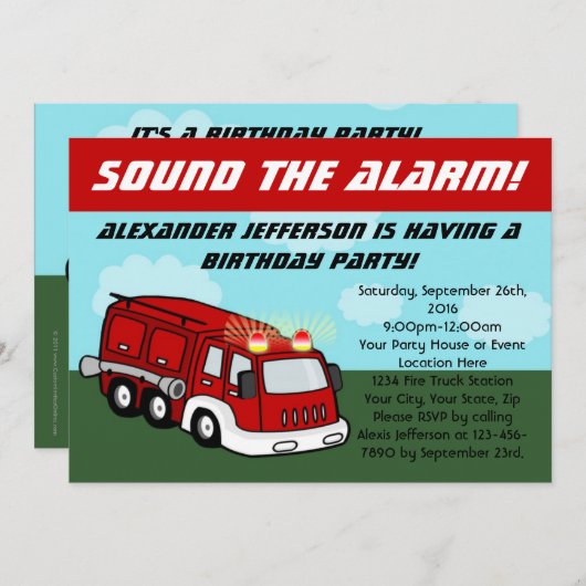 消防車のバースデーパーティ招待状 招待状 (正面/裏面)