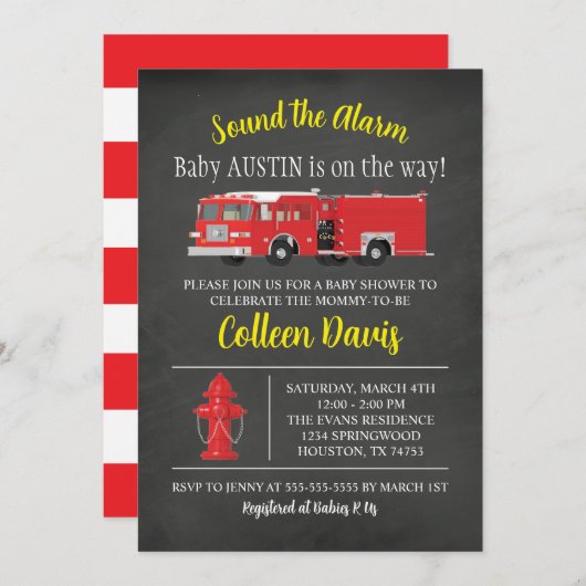 消防車のベビーシャワー招待状 招待状 (正面/裏面)