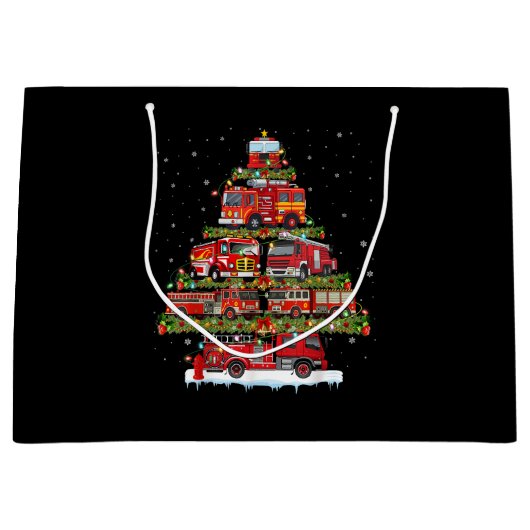 消防車のライト消防車のクリスマス ラージペーパーバッグ (正面)