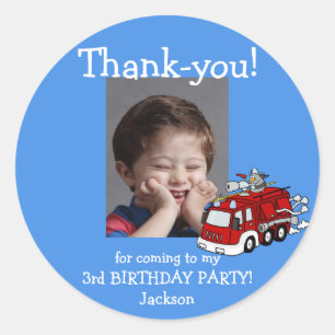 消防車の写真ありがとう誕生日ステッカー，少年 ラウンドシール