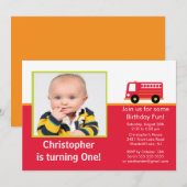 消防車の写真を使った誕生日パーティーの招待状 招待状 (正面/裏面)