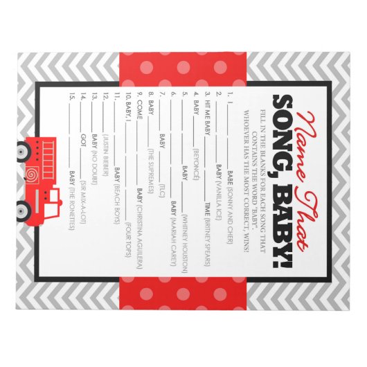 消防車の名前そのソングシャワーゲーム – 40パック ノートパッド (正面)