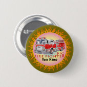 消防車の大きな消防士のピン 缶バッジ (正面&裏面)