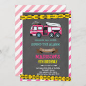 消防車の女の子の誕生日パーティー 招待状 (正面/裏面)