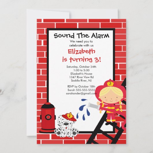 消防車の女の子 消防車 誕生日パーティー 招待状 (正面)
