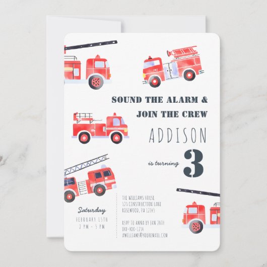 消防車の少年3歳の誕生日 招待状 (正面)