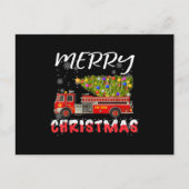 消防車の松の木の消防士のクリスマス家族 シーズンポストカード (正面)