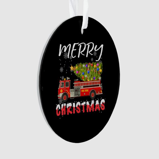 消防車の松の木の消防士クリスマスファミリー オーナメント (正面)