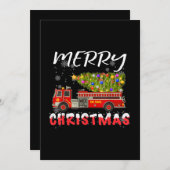 消防車の松の木の消防士クリスマスファミリー シーズンカード (正面/裏面)