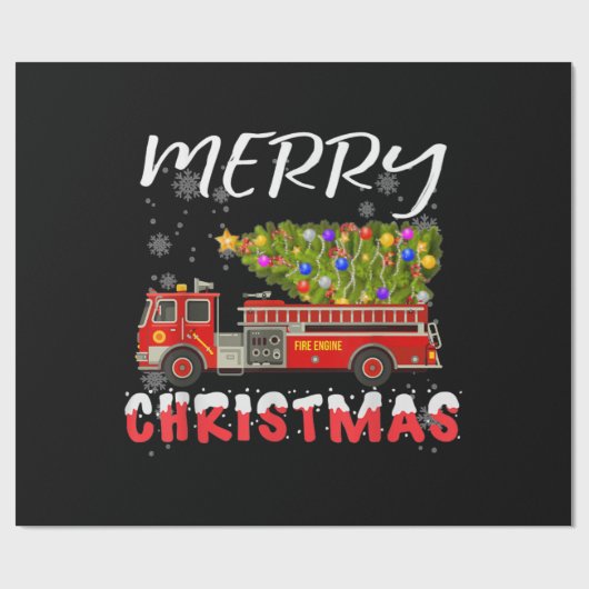 消防車の松（まつ）の木の消防士クリスマスファミリー ラッピングペーパー (フラット)