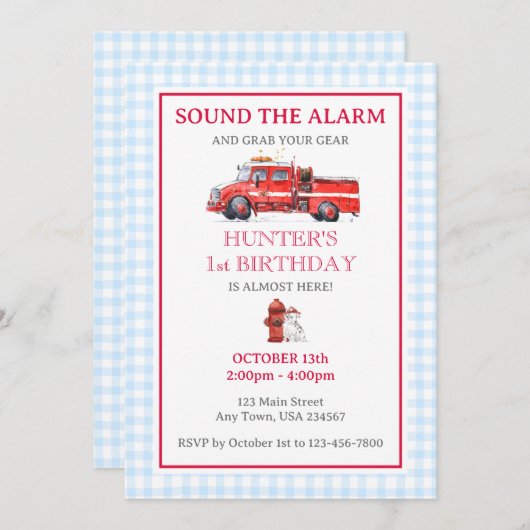 消防車の水カラー誕生日招待状 招待状 (正面/裏面)