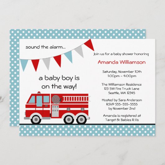 消防車の水玉模様バナーボーイベビーシャワー 招待状 (正面/裏面)