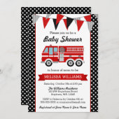 消防車の水玉模様バンティングベビーシャワー 招待状 (正面/裏面)