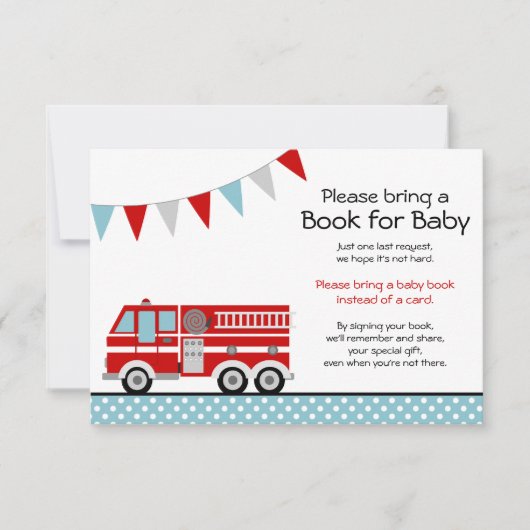 消防車の水玉模様赤ちゃんシャワーが本をもたらす 招待状 (正面)