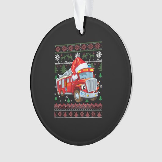 消防車の消防士のクリスマスのかわいい少年サンタ帽 オーナメント (正面)