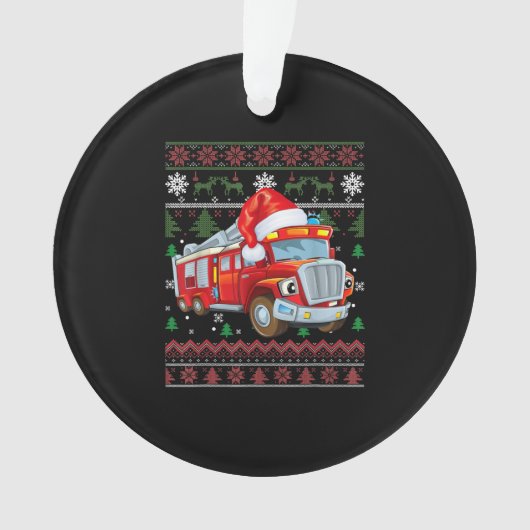 消防車の消防士のクリスマスのかわいい少年サンタ帽 オーナメント (正面)