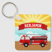 消防車の消防士の名前パーソナライズされたキッズルーム キーホルダー (正面)