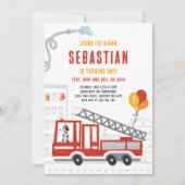 消防車の消防士の消防車の誕生日パーティー 招待状 (正面)