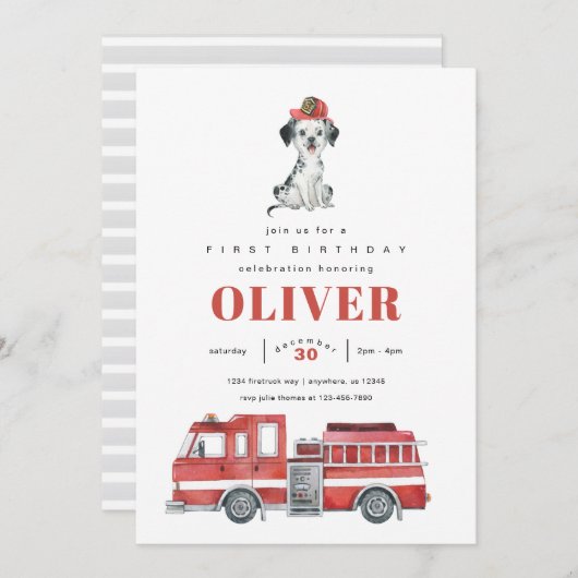 消防車の消防士の誕生日パーティーの招待 招待状 (正面/裏面)