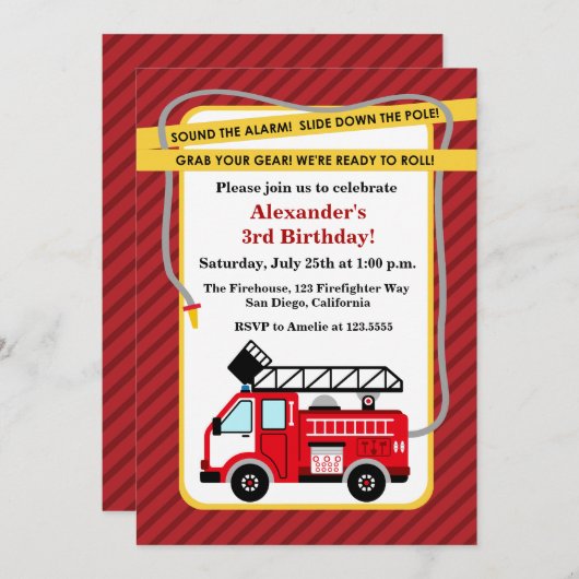 消防車の消防士の誕生日パーティーの招待 招待状 (正面/裏面)