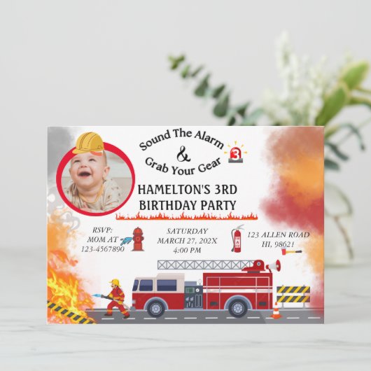 消防車の消防士の誕生日パーティーの招待 招待状 (スタンド正面)