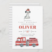 消防車の消防士の誕生日パーティー招待状 招待状 (正面/裏面)