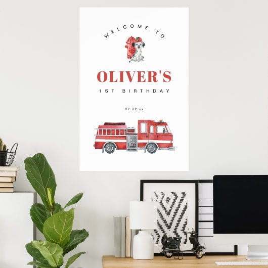 消防車の消防士の誕生日パーティー歓迎サイン ポスター (ホームオフィス)