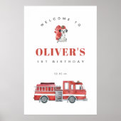 消防車の消防士の誕生日パーティー歓迎サイン ポスター (正面)