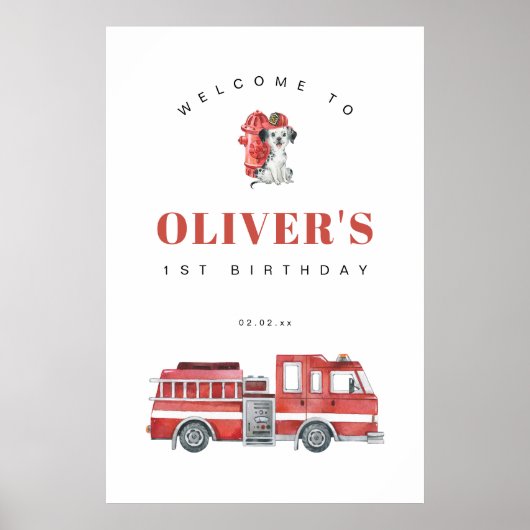 消防車の消防士の誕生日パーティー歓迎サイン ポスター (正面)