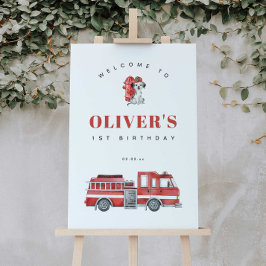 消防車の消防士の誕生日パーティー歓迎サイン ポスター