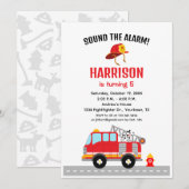 消防車の消防士の誕生日招待状 招待状 (正面/裏面)