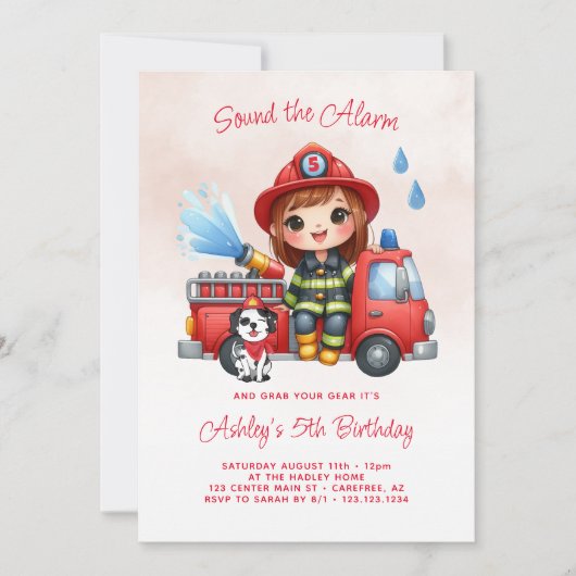 消防車の消防士ガール5誕生日 招待状 (正面)