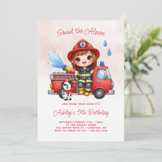 消防車の消防士ガール5誕生日 招待状 (スタンド正面)