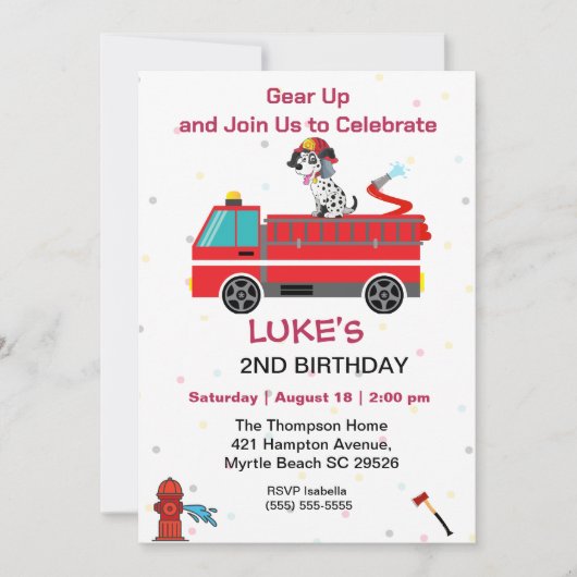 消防車の消防士キッズ2nd誕生日パーティー 招待状 (正面)