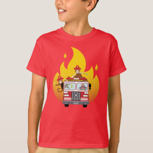消防車の消防士サルT型 Tシャツ