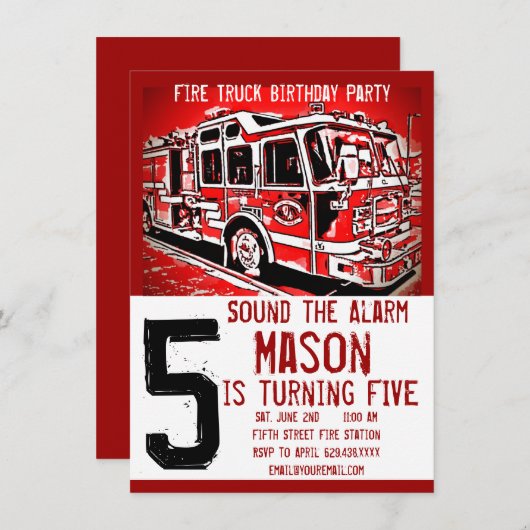消防車の消防士子供の誕生日招待状 招待状 (正面/裏面)