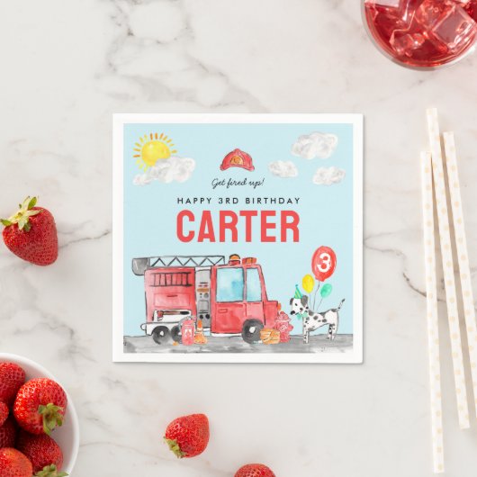 消防車の消防士子供の誕生日 スタンダードカクテルナプキン (インサイチュ)