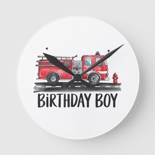 消防車の消防士少年の誕生日 ラウンド壁時計 (正面)