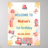 消防車の消防士1stバースデーウェルカムサイン ポスター (正面)